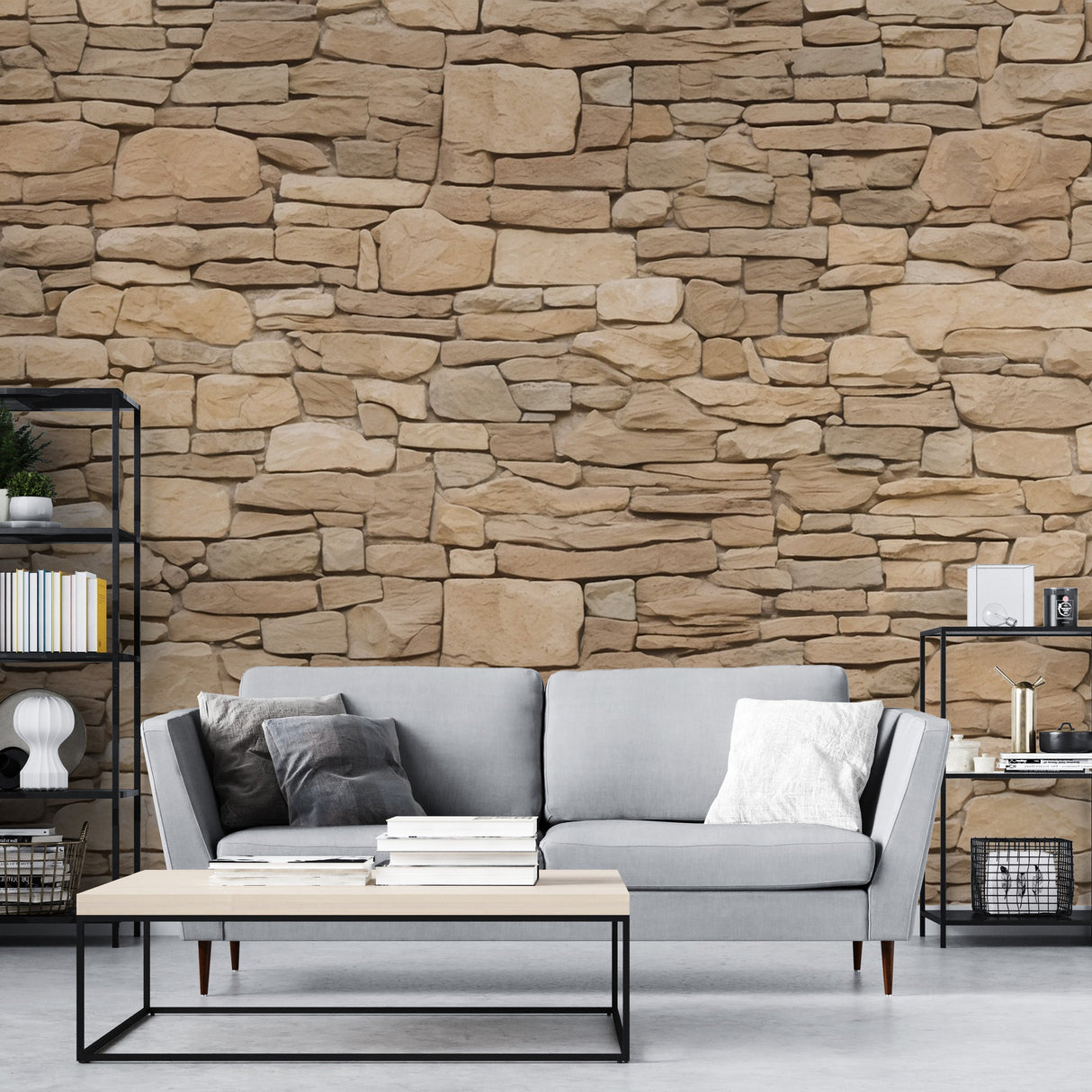 Stone effect wallpaper creating a natural beige accent wall in a modern living room with soft lighting and minimal furniture