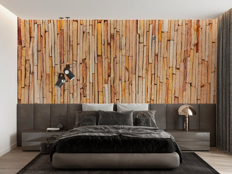 Natural stone effect wallpaper in modern living room, showing vertical pattern that enhances room height