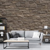 Stone effect wallpaper in modern living room showing natural brown tones and realistic texture