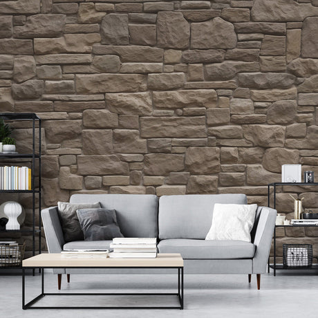 Stone effect wallpaper in modern living room showing natural brown tones and realistic texture