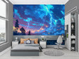 Anime Storm Lightning Wallpaper in modern gaming room with blue LED lighting accents