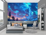 Anime Storm Lightning Wallpaper in modern gaming room with blue LED lighting accents