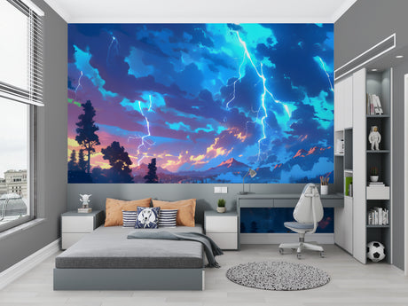 Anime Storm Lightning Wallpaper in modern gaming room with blue LED lighting accents