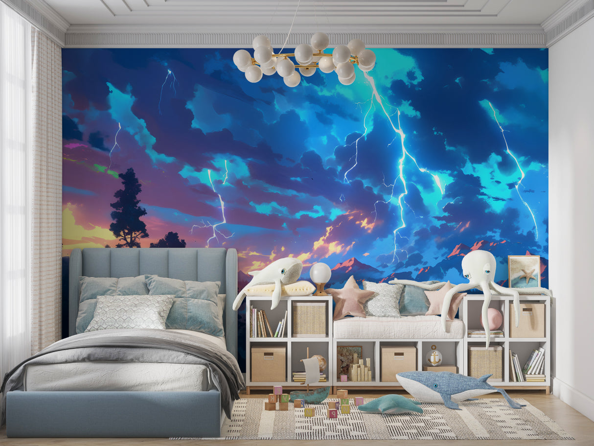 Electric Storm Wallpaper creating dramatic atmosphere in teen bedroom
