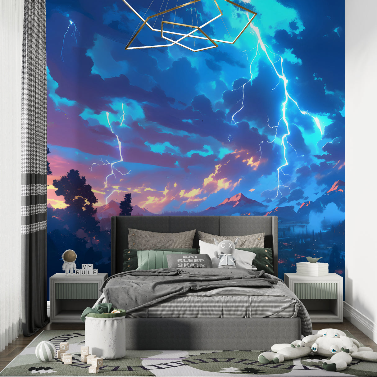 Anime Lightning Wall Mural in contemporary living room setting