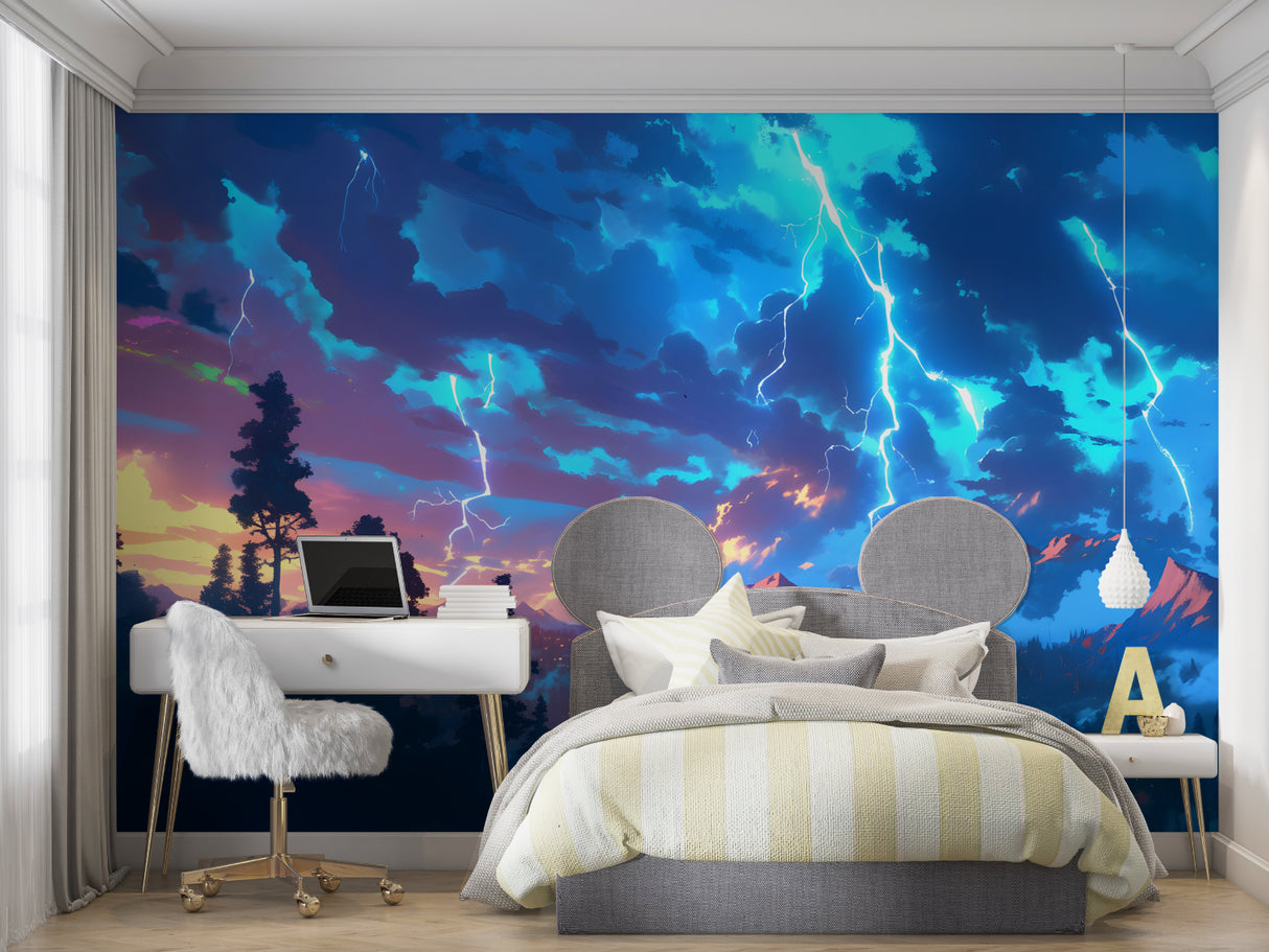 Lightning Storm Mural as feature wall in urban apartment