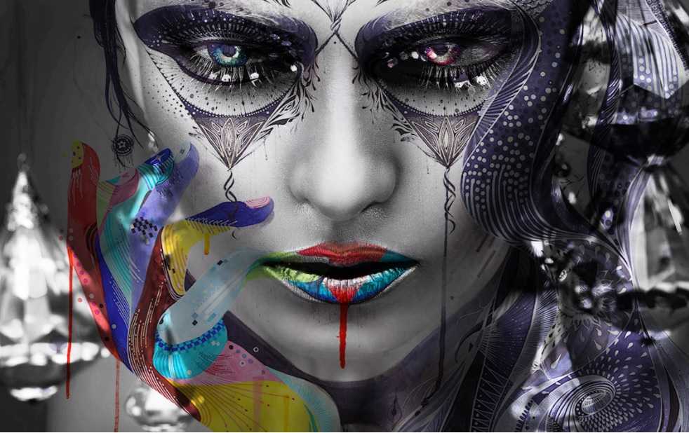 Street art abstract face design file showing intricate details and vibrant rainbow color palette