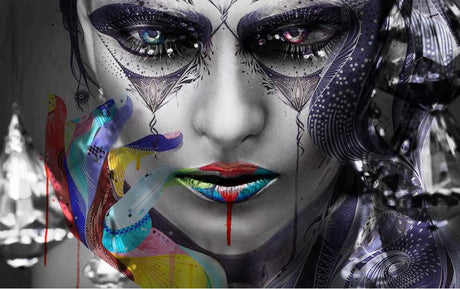 Street art abstract face design file showing intricate details and vibrant rainbow color palette