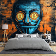 Street art Bitcoin graffiti wallpaper shown in a modern living room with grey sofa and industrial lighting