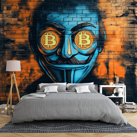 Street art Bitcoin graffiti wallpaper shown in a modern living room with grey sofa and industrial lighting