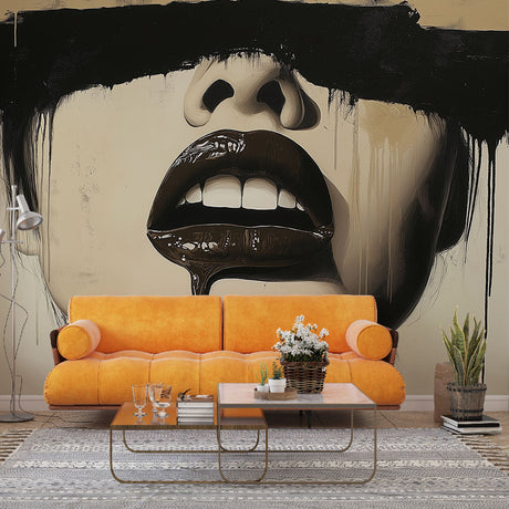 Street art wallpaper creating dramatic impact in modern living room, black dripping paint effect on beige wall