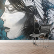 Street art portrait mural wallpaper displayed in modern living room with minimalist furniture and natural lighting