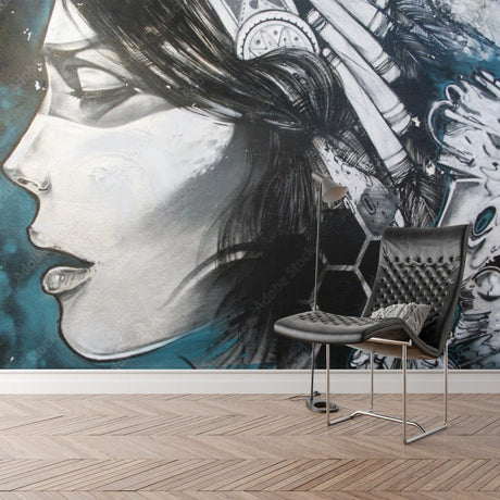 Street art portrait mural wallpaper displayed in modern living room with minimalist furniture and natural lighting