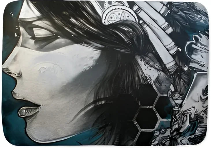 Black and white portrait street art wallpaper design file with turquoise accents