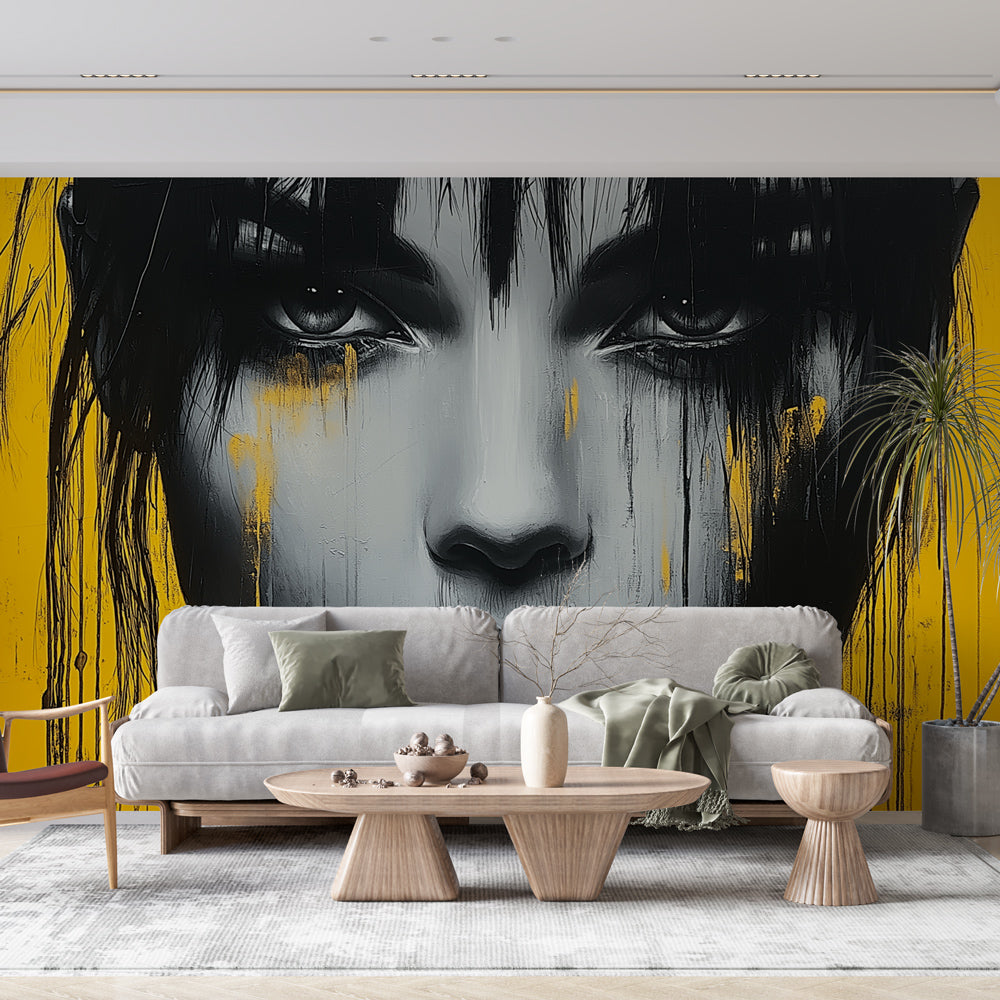 Street art portrait mural wallpaper styled in a modern loft living room, showing dramatic black and yellow design on accent wall