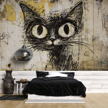 Street art cat wallpaper in modern living room showing bold black feline graffiti design against concrete-style wall