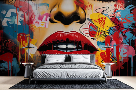 Street art wallpaper with red lips displayed in modern living room, creating dynamic urban atmosphere
