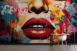 Graffiti lips mural wallpaper showcased in trendy restaurant interior, adding bold character