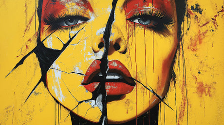 Street art portrait mural wallpaper creating a dramatic focal point in a modern loft living room with high ceilings