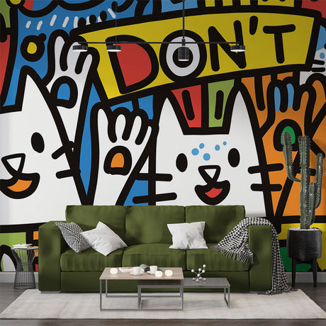 Street art cat wallpaper bringing modern style to a bright living room with colorful furniture and natural light