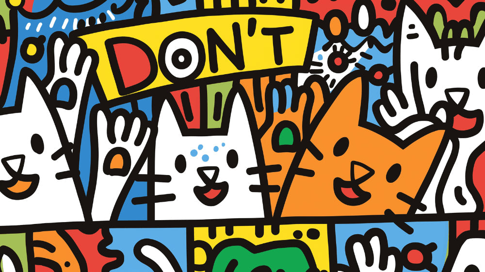 Street art cat wallpaper design file showing vibrant pop art pattern with cartoon cats and graffiti elements