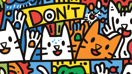 Street art cat wallpaper design file showing vibrant pop art pattern with cartoon cats and graffiti elements