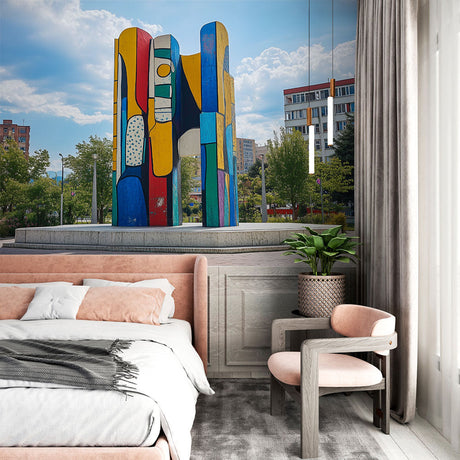 Street art mural wallpaper bringing urban style to a modern living room with high ceilings and minimal furniture