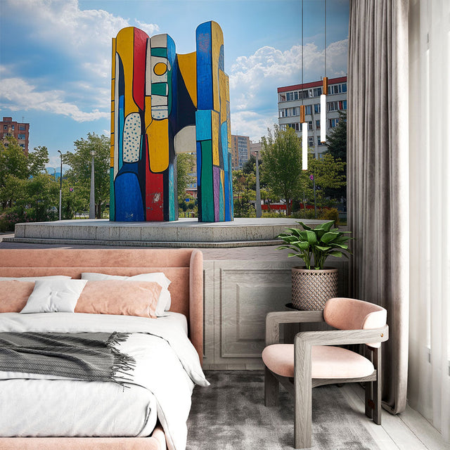 Street art mural wallpaper bringing urban style to a modern living room with high ceilings and minimal furniture