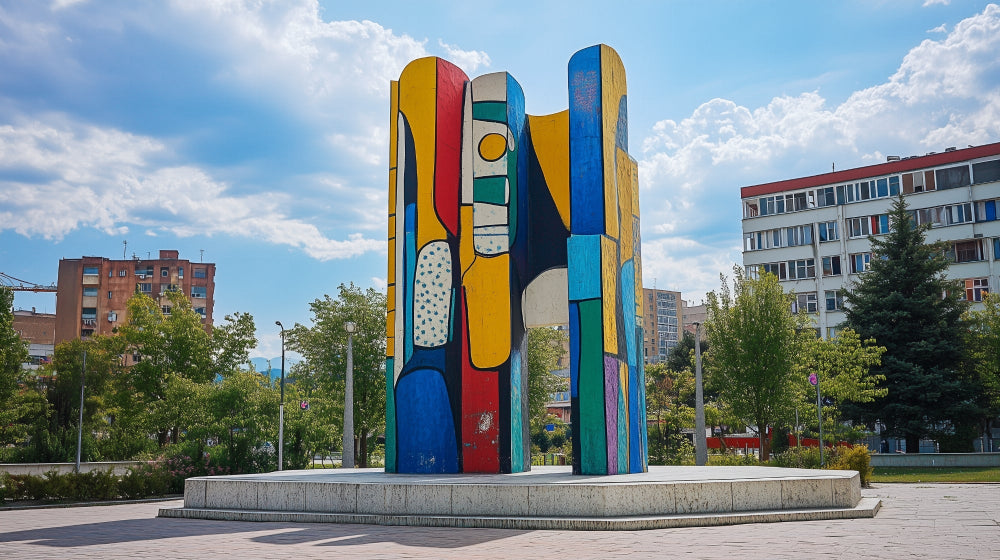 Abstract urban monument design file with vibrant colors and geometric shapes