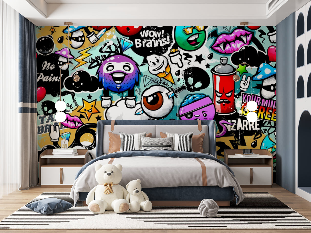 Street art graffiti wallpaper creating bold impact in modern teen bedroom with gaming setup