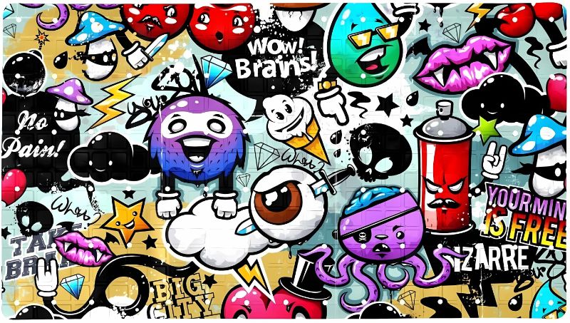 Design file of colorful street art graffiti wallpaper pattern with dynamic characters and spray paint effects