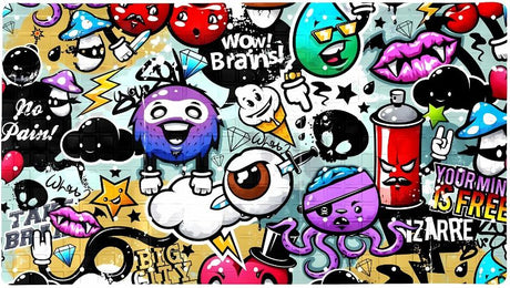 Design file of colorful street art graffiti wallpaper pattern with dynamic characters and spray paint effects