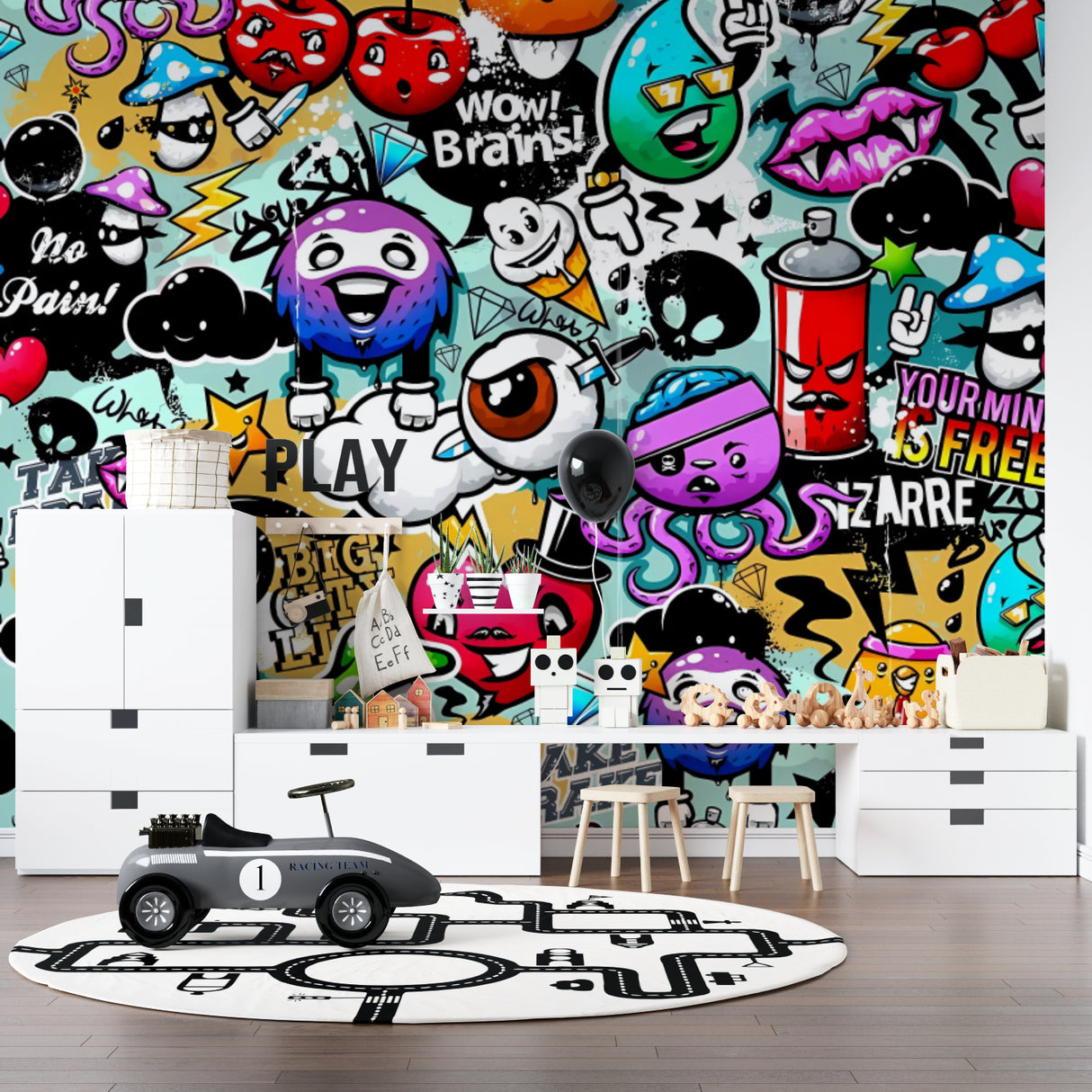 Urban street art wallpaper transforming casual living room wall