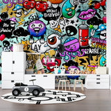 Urban street art wallpaper transforming casual living room wall