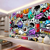 Colorful graffiti mural wallpaper in contemporary game room setting