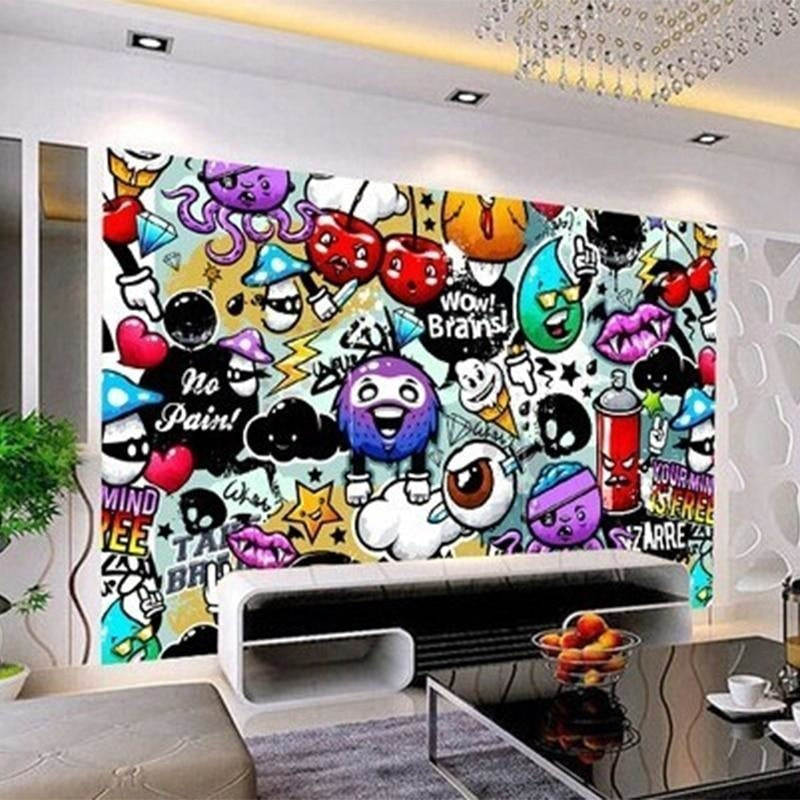 Graffiti design wallpaper making statement in urban cafe interior