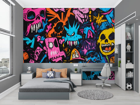 Street art graffiti skull wallpaper bringing urban style to modern living room with colorful accent wall