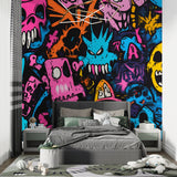 Urban graffiti wallpaper transforming home office space with artistic skull design