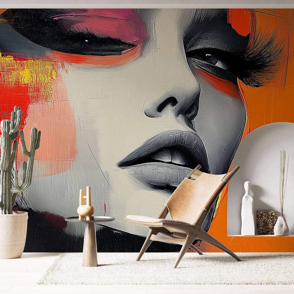 Street art portrait wallpaper creating a bold statement in a modern living room with high ceilings and minimal furniture