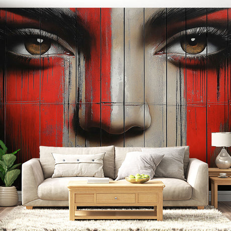 Street art wallpaper with dramatic face design showcased in a modern industrial loft living room setting