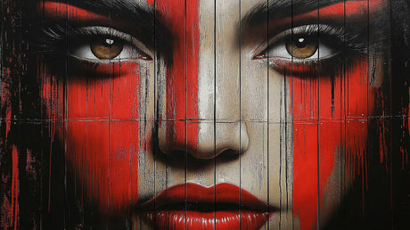 Street art wallpaper design file showing detailed red and black face pattern