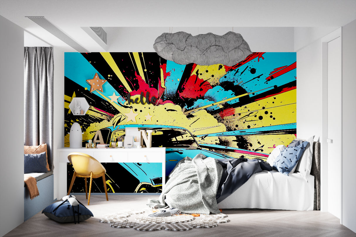 Urban street art wallpaper transforming a gaming room with explosive colors