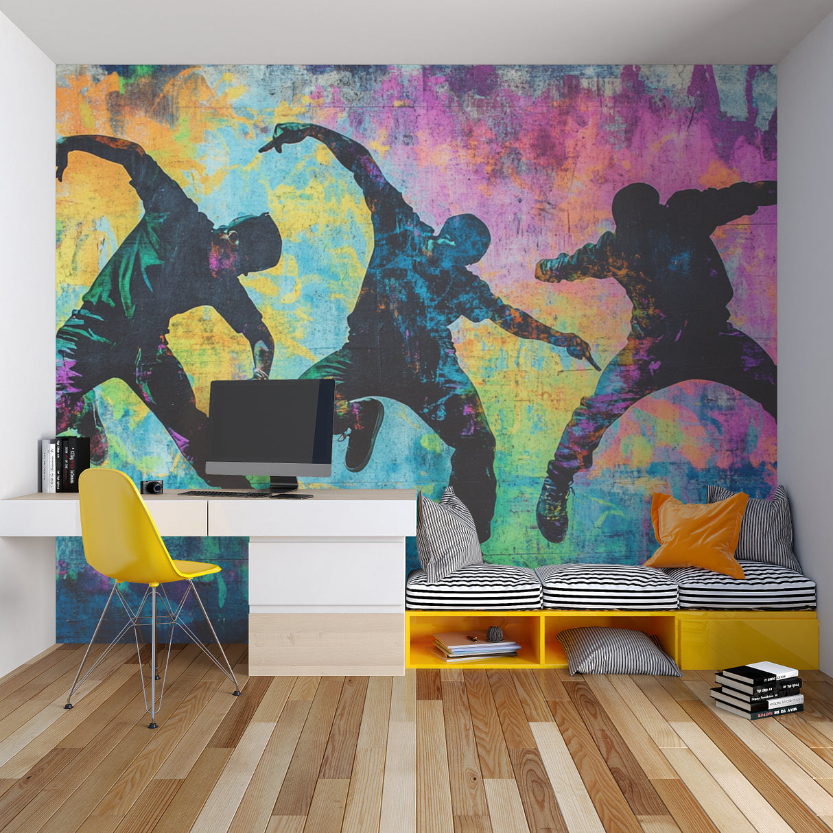 Street art wallpaper with dancers in modern living room, creating bold urban atmosphere