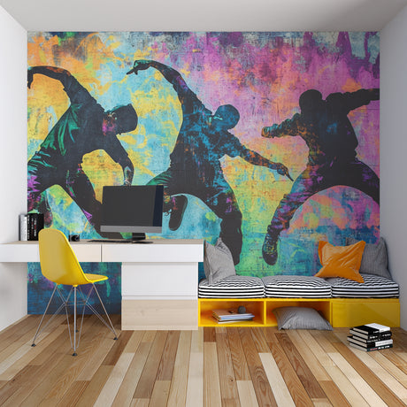 Street art wallpaper with dancers in modern living room, creating bold urban atmosphere