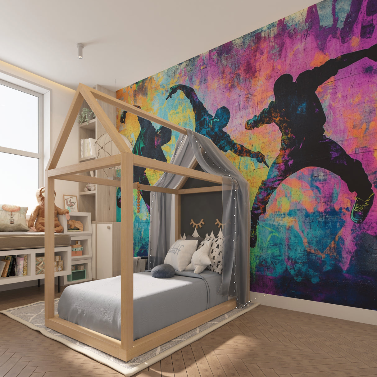 Dance silhouette wallpaper in teen bedroom showing vibrant graffiti colors