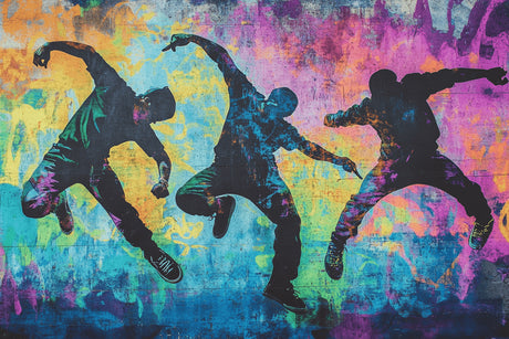Street art wallpaper design file showing dynamic dance silhouettes with vibrant color splashes