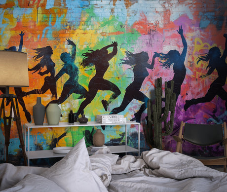 Street art wallpaper showcased in modern living room with minimal furniture and natural light
