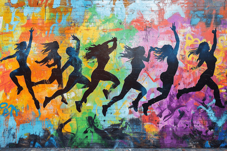 Design file showing detailed rainbow graffiti pattern with dancing silhouettes