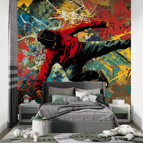 Street art mural wallpaper bringing urban flair to a modern teen bedroom with dancing silhouette and vibrant colors