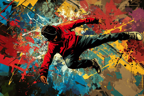 Street art wallpaper design file showing vibrant dance figure against graffiti background